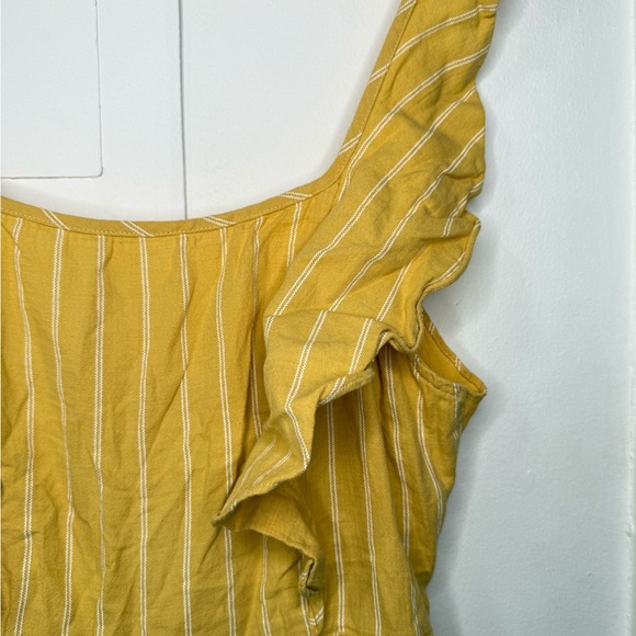 Yellow pinstripe tie back jumpsuit with front ruffle & adjustable straps. Size M - Picture 7 of 8